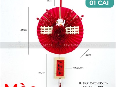 Vòng treo cửa Tết Quạt nhung đỏ nơ tre ĐK30cm VTC-T-43